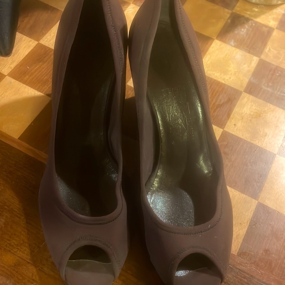 Authentic Salvatore Ferragamo Neoprene Brown Peep Hole Wedge Size 8